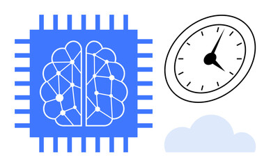 Neural brain on chip, clock showing time, cloud element. Ideal for AI, technology, automation, efficiency, innovation time management futuristic concepts. Clean and simple flat metaphor