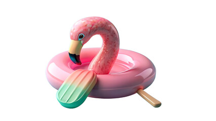 Melting Strawberry Popsicle with Flamingo Pool Ring on Aqua Backdrop – Modern Summer 3D Illustration
