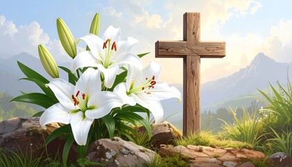 White lilies, cross, mountains