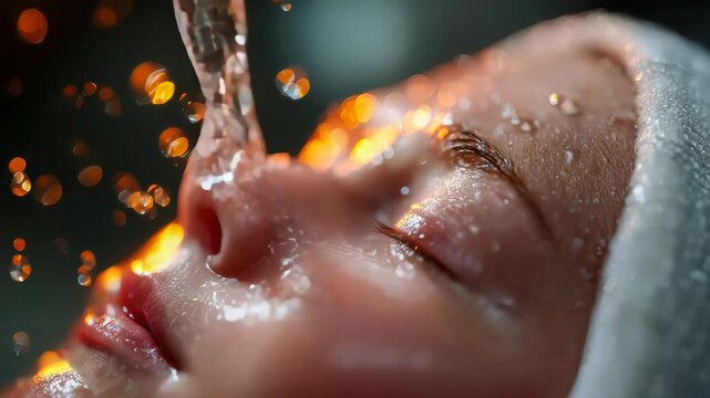 Close-up of a child face with water streaming down, showing texture and emotion in natural light