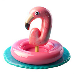 Melting Strawberry Popsicle with Flamingo Pool Ring on Aqua Backdrop – Modern Summer 3D Illustration