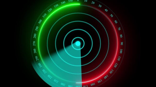 Neon Rader HUD technology animation on black background. Radar point to detect enemy position. Glowing red and green color Rader searching animation. 