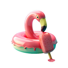 Melting Strawberry Popsicle with Flamingo Pool Ring on Aqua Backdrop – Modern Summer 3D Illustration