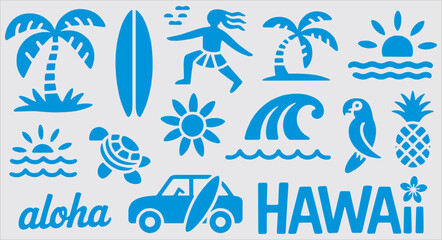 Beach and Summer Vacation Icon Set. Vector glyph pictograms of surfboard, wave, sun, turtle, palm tree, car, and ocean activities. Tropical travel, sea fun, and beach lifestyle blue silhouette illustr