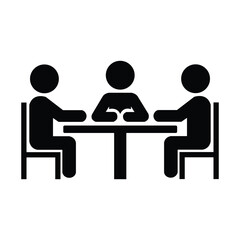 Three faceless figures sit at a table in a meeting silhouette on white background