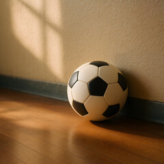 Football's Quiet Moment: A soccer ball rests against a wall, bathed in the warmth of the sunlight, casting a shadow. Capturing a moment of stillness before the game begins.