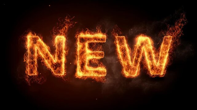 The word NEW made of glowing orange flames against a dark background, symbolizing energy, excitement, launch, and bold modern design. - Powered by Adobe
