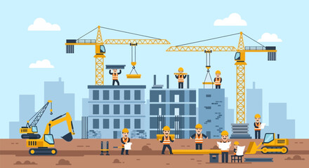 Dynamic construction site with heavy machinery and busy workers building a modern city, perfect for illustrating urban development and infrastructure projects