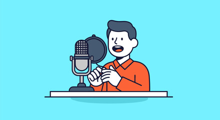 Cartoon Man Speaking into Microphone with Pop Filter, Orange Shirt