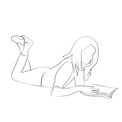 One continuous line drawing on white isolated background. Minimalism linear illustration. reading, book, leisure, woman, girl, female, young, peaceful, relaxation, bed