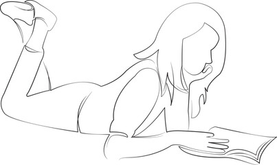 One continuous line drawing on white isolated background. Minimalism linear illustration. reading, book, leisure, woman, girl, female, young, peaceful, relaxation, bed