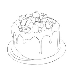 One continuous line drawing on white isolated background. Minimalism linear illustration. cake, dessert, sweet, food, berry, decoration, bakery, cream, pastry, birthday