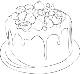 One continuous line drawing on white isolated background. Minimalism linear illustration. cake, dessert, sweet, food, berry, decoration, bakery, cream, pastry, birthday