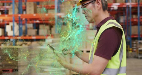 Warehouse technician tapping tablet and revealing swirling AR inventory data while donning hard hat - Powered by Adobe