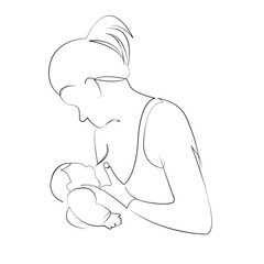One continuous line drawing on white isolated background. Minimalism linear illustration. mother, children, breastfeed, newborn, love, motherhood, baby, care, infant, family