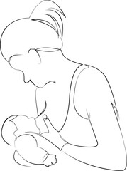 One continuous line drawing on white isolated background. Minimalism linear illustration. mother, children, breastfeed, newborn, love, motherhood, baby, care, infant, family