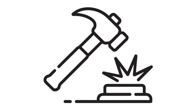 Hammer striking a button, symbolizing action, decision, or starting something new.