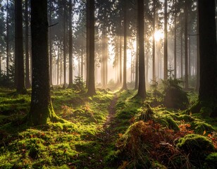 Sunlit path through a misty forest