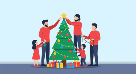 Family Decorating Green Christmas Tree with Colorful Ornaments and Star