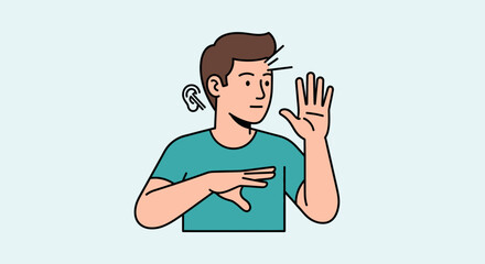 Illustrated Man Demonstrating Sign Language with Hand Gestures and Hearing Aid
