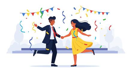 Joyful Couple Celebrating with Confetti, Holding Hands and Jumping in Celebration