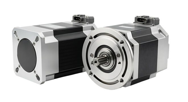 Two Industrial Servo Motors with Silver and Black Casing on Black Background electric motor industrial motor