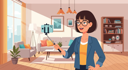 Smiling Woman Holding Selfie Stick with Smartphone in Home Interior