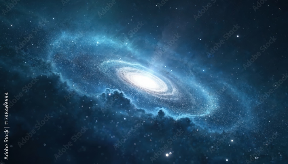 Wall mural spiral galaxy with bright core and glowing blue nebula clouds in deep dark space. billions of stars 