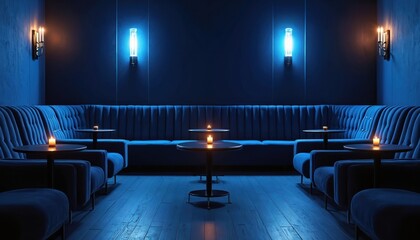 Exclusive VIP lounge with plush blue seating and soft candle light. Modern wall lights create intimate atmosphere for relaxation and private meetings. Elegant design.