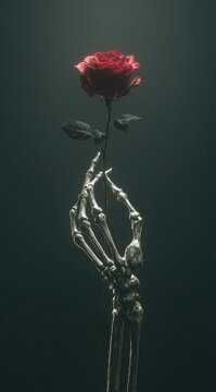 A skeletal hand delicately holds a single, dark red rose against a moody, dark gray background.  The lighting is dramatic, highlighting the contrast between life and death