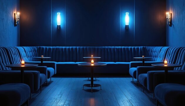 Exclusive VIP lounge with plush blue seating and soft candle light. Modern wall lights create intimate atmosphere for relaxation and private meetings. Elegant design.