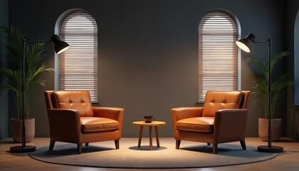 Two empty brown leather armchairs in a modern room with arched windows and plants. A small wooden table with a mug sits between them, ready for conversation or podcast recording.