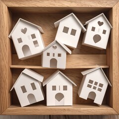 White miniature houses arranged in a wooden box.  A simple, charming display
