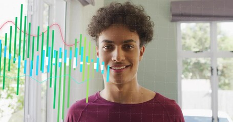 Adult male at home, second frame initiating bars shifting over face, waveform weaving for tech demo - Powered by Adobe