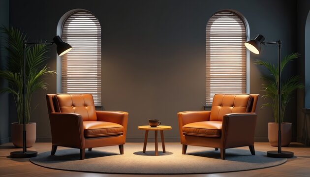 Two empty brown leather armchairs in a modern room with arched windows and plants. A small wooden table with a mug sits between them, ready for conversation or podcast recording.