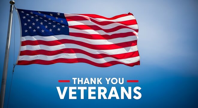 American flag waving proudly with a veterans thank you message
