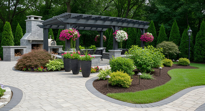 Luxurious backyard patio with pergola and landscaped garden