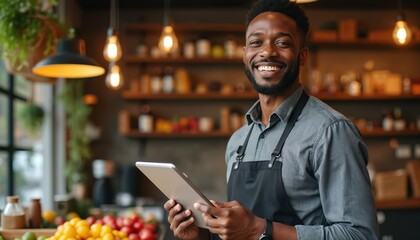 Black man with tablet in cafe. Smiling owner manages shop, uses tech for business. Person works in coffee house, serves customers, checks inventory. Young guy owns small cafe, happy, productive.