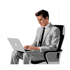 Businessman in a suit using laptop in an office setting