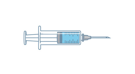 Medical syringe filled with blue liquid and sharp needle.