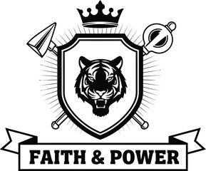 Heraldic crest featuring a tiger head crown and crossed weapons with faith and power banner
