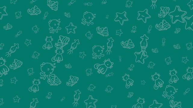 Doodle animal repeating pattern with outlined cats, octopuses, and seashells for charming design use in textiles, stationery, and kids products.