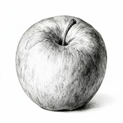Black and white hand-drawn apple illustration, detailed sketch with realistic shading and texture on white background. Vintage botanical drawing for design or print.