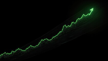 Animated, glowing green line chart depicts upward trend with arrow at the end on a black background