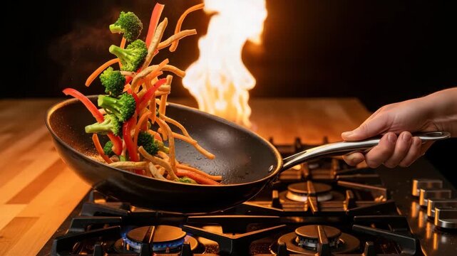 A chef tossing vegetables in a wok over a flaming stove, showcasing the art of stirfrying and the vibrant colors of fresh ingredients in culinary action ai generated vedio