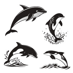 Four black silhouette vector designs of dolphins leaping from water © MD MOGAMMEL HAQUE 