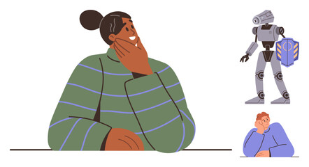 Person thoughtfully resting chin on hand, futuristic robot holding a shield, and another pondering individual. Ideal for AI, technology, ethics, decision-making, innovation, futurism reflection