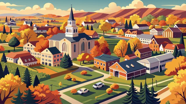 Very beautiful aerial view of First Congregational Church and Town Common in historic Natick, Massachusetts, USA, vector-style illustration with colorful fall foliage and quaint town charm.