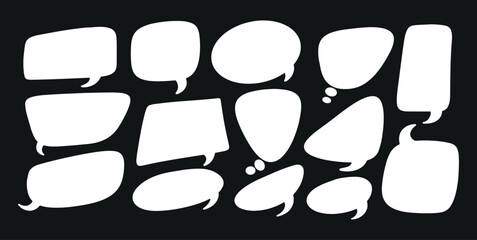 Set of Blank Comic Speech Bubbles and Thought Balloons, white rounded geometric shapes on black background, minimal retro pop art style, vector illustration for poster, banner, card design