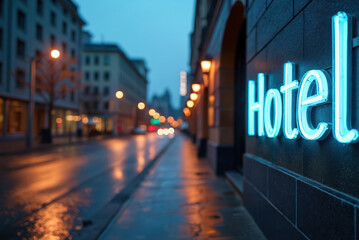 Neon sign lights up hotel facade at night on wet city street. Buildings and streetlights create blurred bokeh background. Urban travel lodging business scene.
